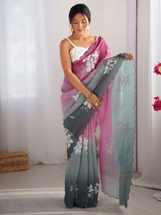 Ombre Floral Embroidered Silk Blend Saree