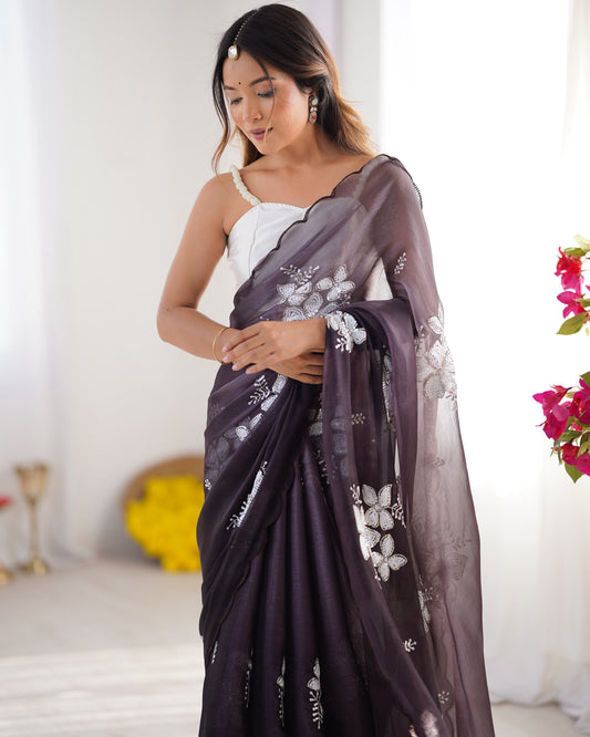 Organza Sequin Floral Saree – Charcoal