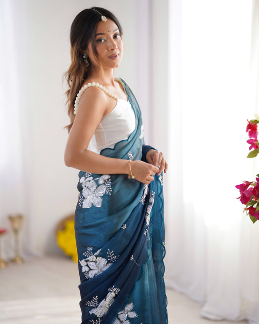 Teal Organza Sequin Floral Embroidered Saree with Scalloped Border