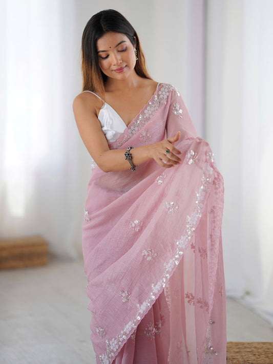 Pink Chiffon Emblished Saree