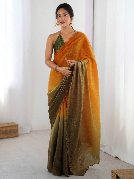Ombre Organza Saree with Scallop Border | Saffron to Olive