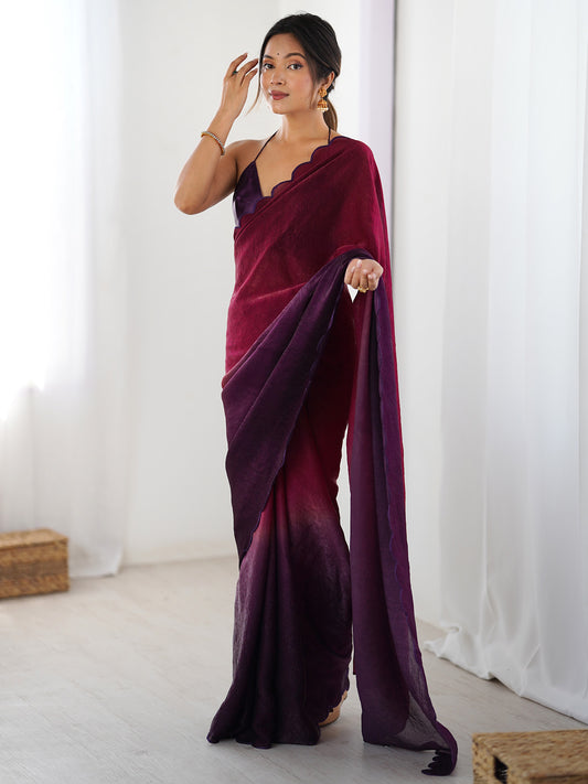 Ombre Organza Saree with Scallop Border & Blouse | Magenta to Deep Purple