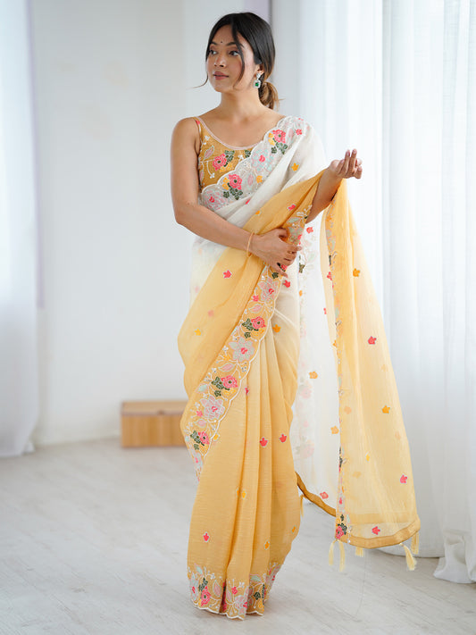Off-White & Yellow Polyester Embroidered Floral Scalloped Border Saree