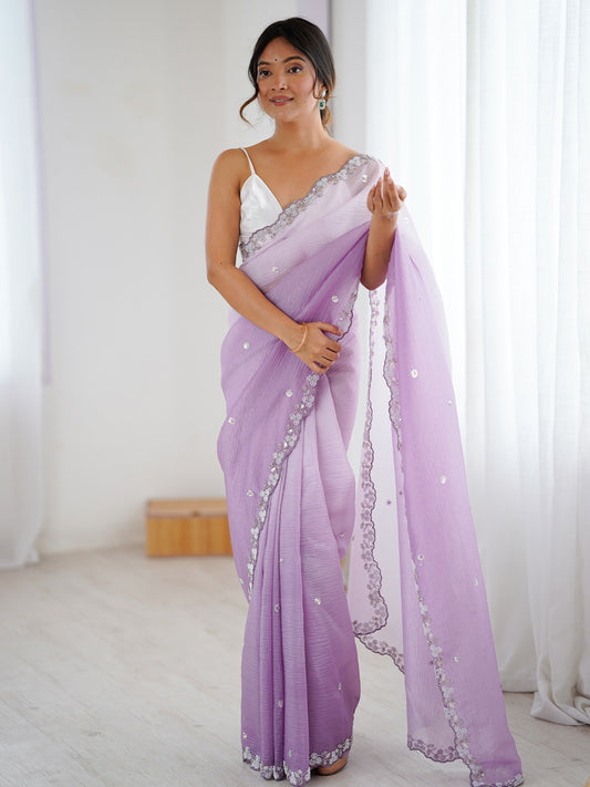Lavender Ombre Embroidery Organza Scalloped Border Saree