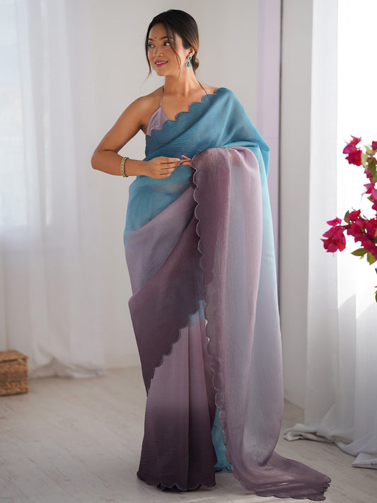 Blue Purple : Ombre Organza : Scalloped Border : Designer Blouse Saree