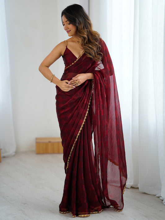 Maroon Organza Saree with Gold Border & Brocade Blouse