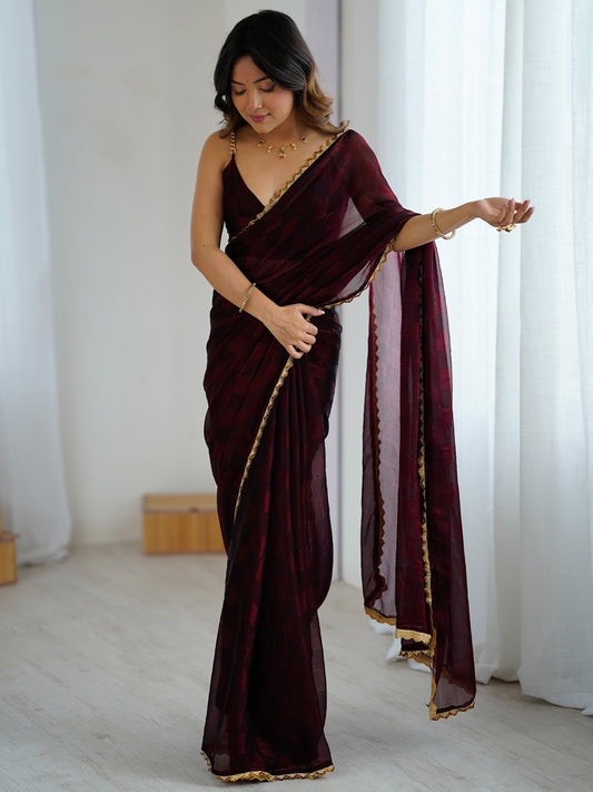Wine Organza Saree with Gold Lace Border