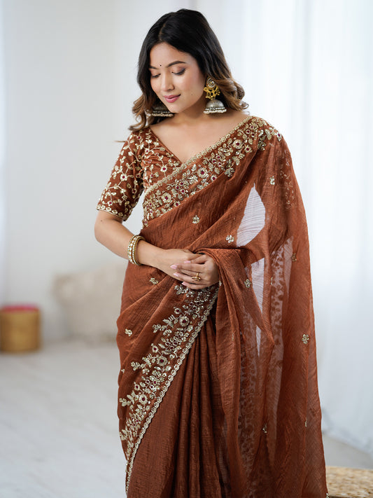 Brown Emblished Party Wear Saree