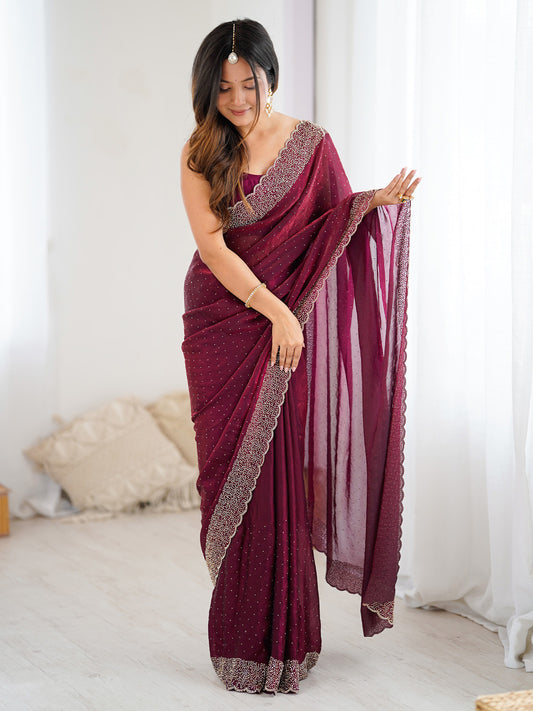 Wine Polyester Sequin Embroidered Saree
