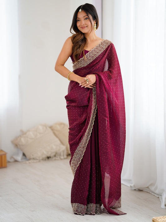 Wine Polyester Sequin Embroidered Saree
