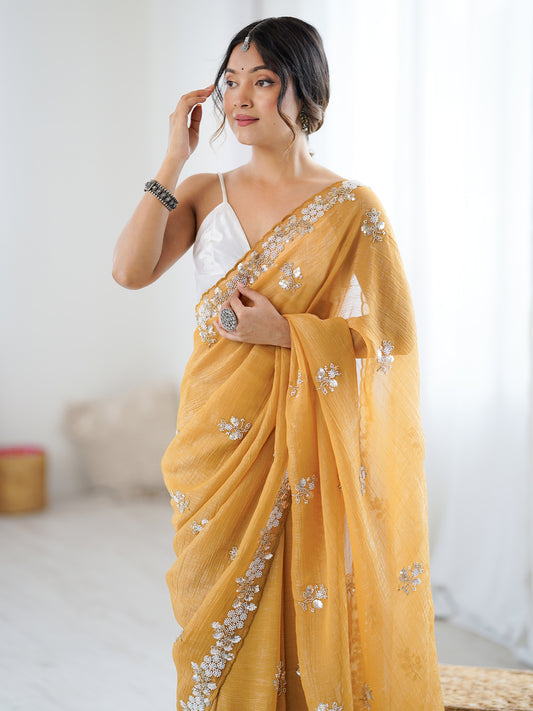 Mustard Yellow Polyester Embroidered Saree