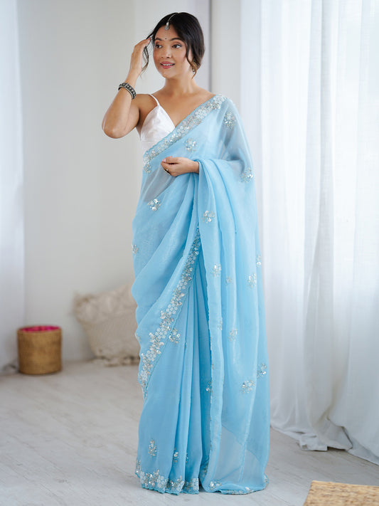 Sky Blue Polyester Embroidered Border Modern Aesthetic Saree
