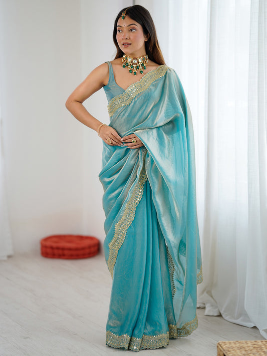 Elegant Turquoise Silk Blend Saree