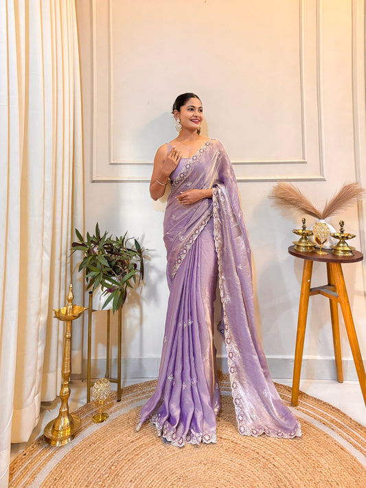 Lavender Tissue Silk Embroidered Saree with Blouse