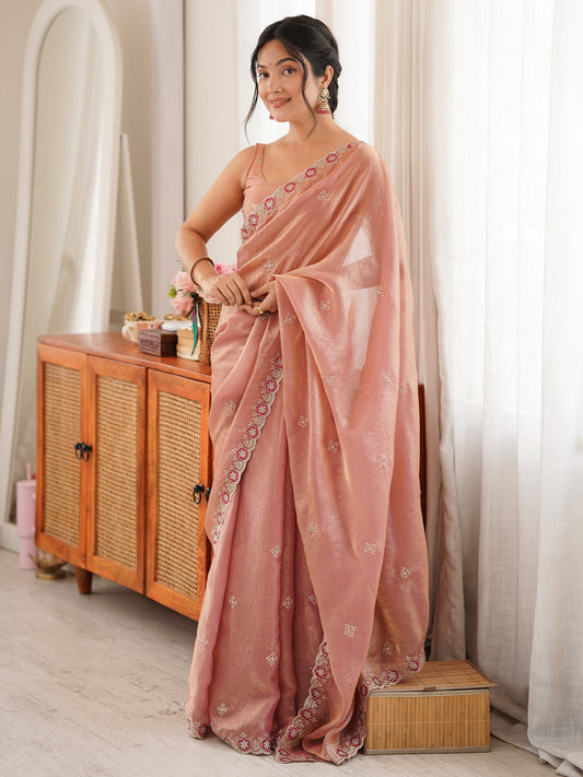 Blush Pink Embroidered Tissue Organza Saree
