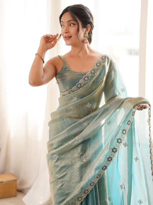 Sea Green Embroidered Tissue Organza Saree