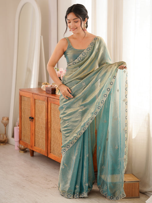 Sea Green Embroidered Tissue Organza Saree
