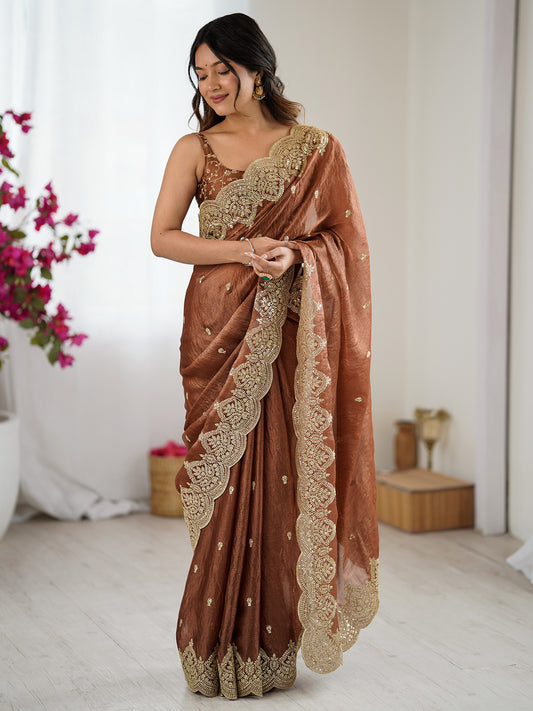Chocolate Brown Organza Sequin Floral Embroidery Scalloped Border Designer Blouse Saree
