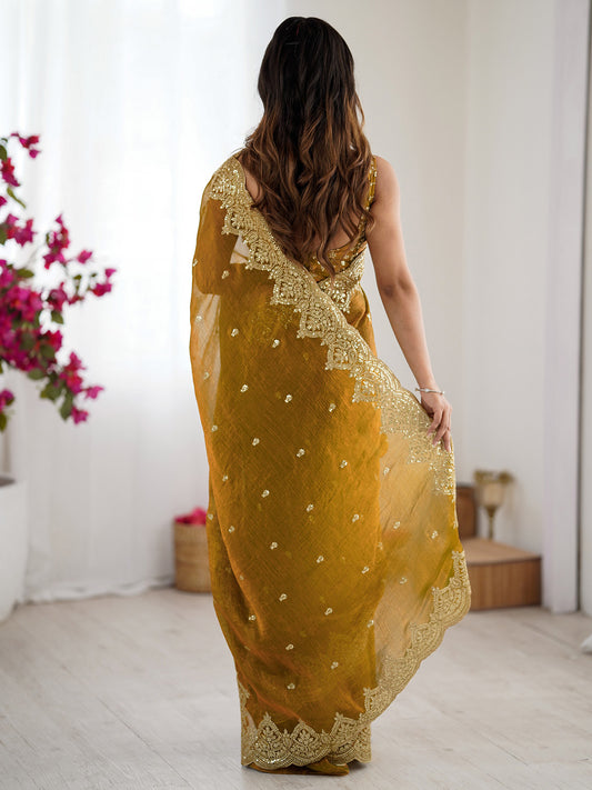 Yellow Mustard Embroidery Silk Blend Saree with Scalloped Border