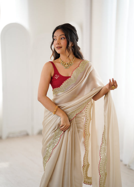 Ivory Embroidered Satin Saree