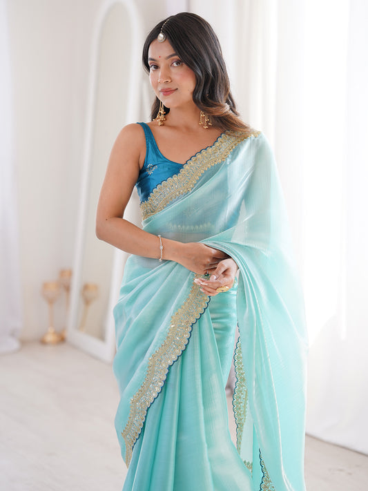 Sky Blue Organza Saree with Mirror-Work Border