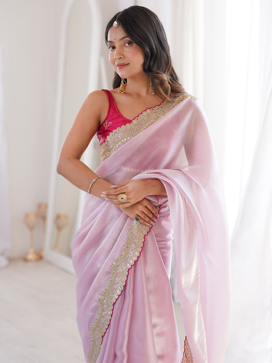 Baby Pink Shimmer Organza Saree with Mirror-Work Border