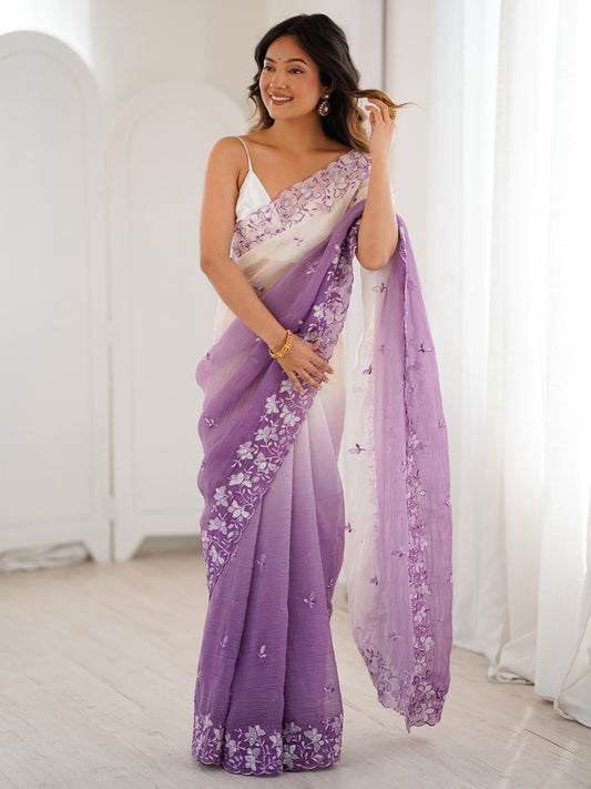 Dusty Lavender & Off-White Polyester Embroidered Saree