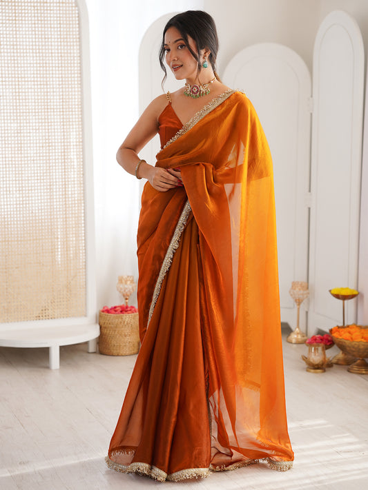 Rust Orange Shimmer Georgette Embroidery Scalloped Border Blouse Saree