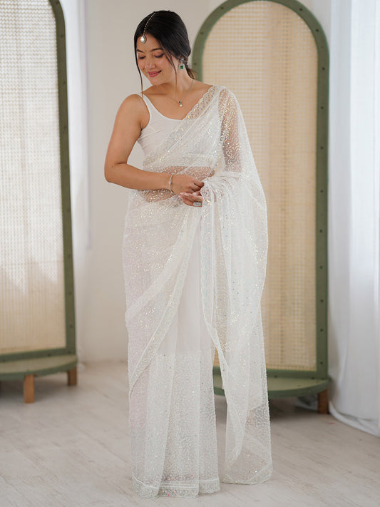 White Silk Blend All-over Sequin Saree