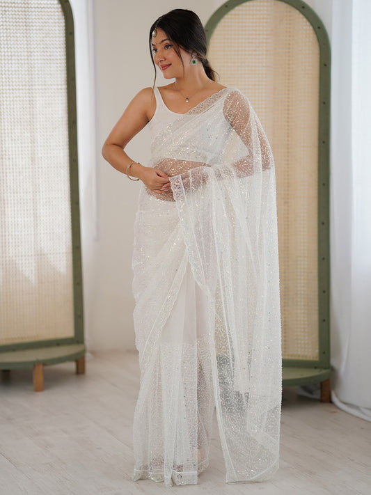 White Silk Blend All-over Sequin Saree