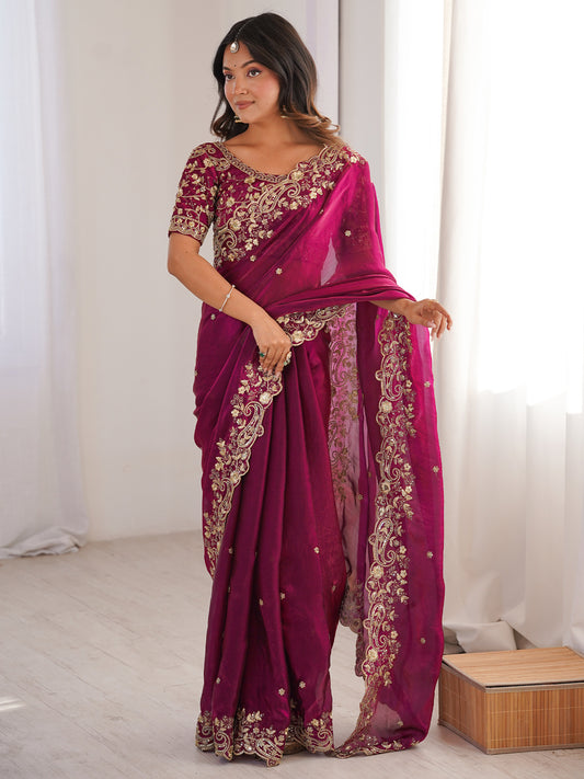 Magenta Organza Embroidered Saree with Blouse