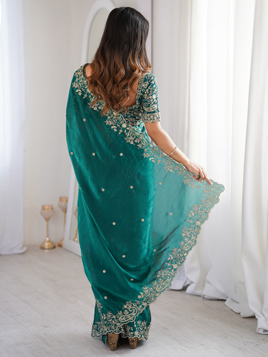 Rama Green Metallic Tissue Silk Saree