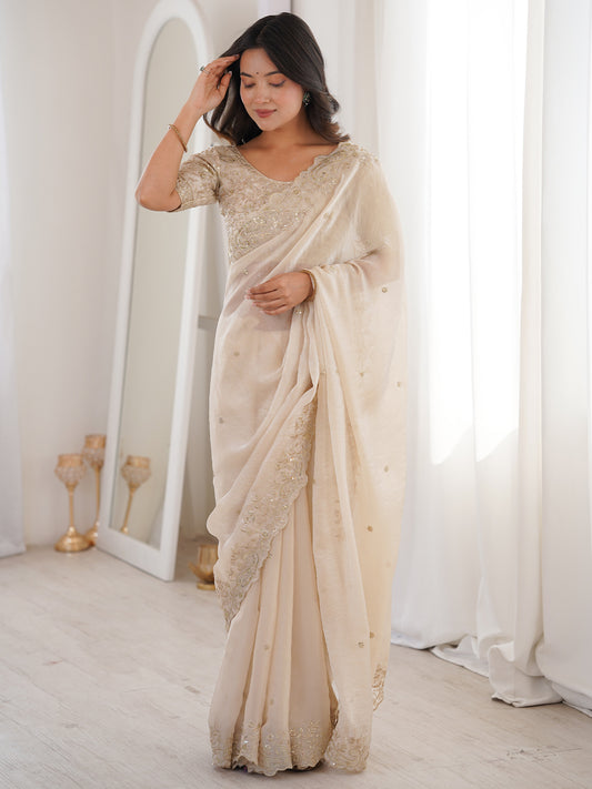 Metallic Tissue Silk Scalloped Embroidery Saree