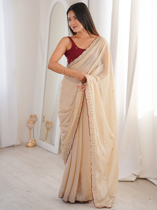 Ivory Georgette Embroidered Saree