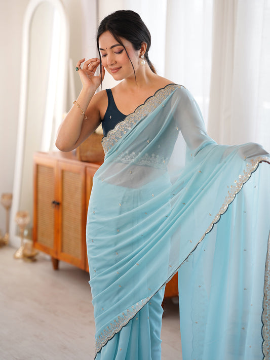 Light Blue Georgette Saree with scalloped Border