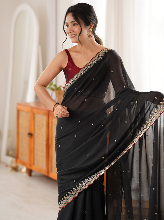 Black Georgette Saree with Embroidery ana Scattered Butis
