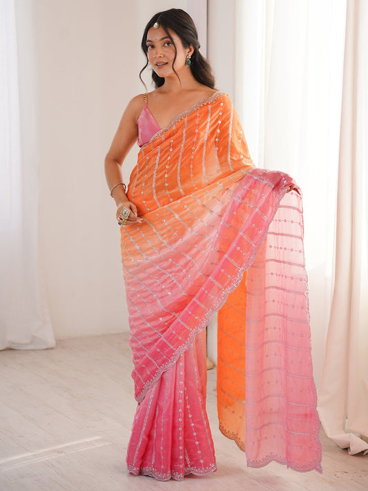 Orange & Pink Ombre Striped Emblished Saree
