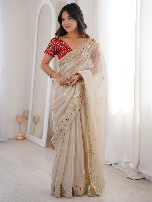 Ivory Organza Embroidered Saree with Stitched Red Blouse