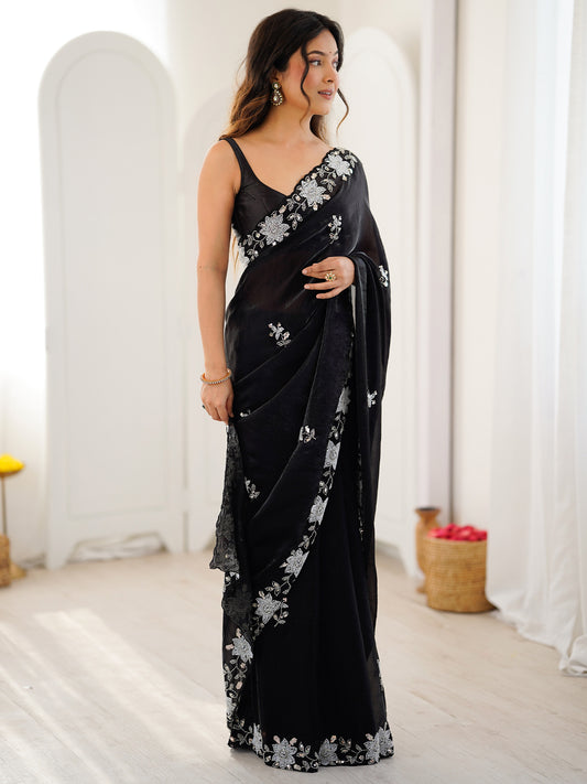 Jet Black Metallic Tissue Silk Saree