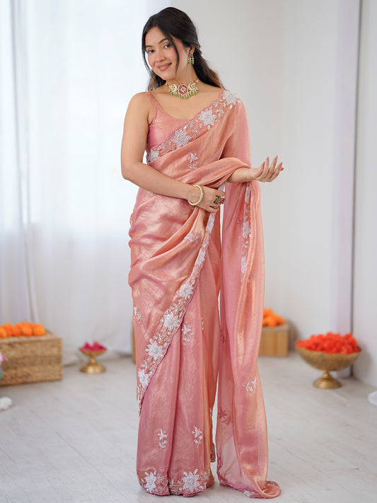 Peach Metallic Tissue Silk Saree