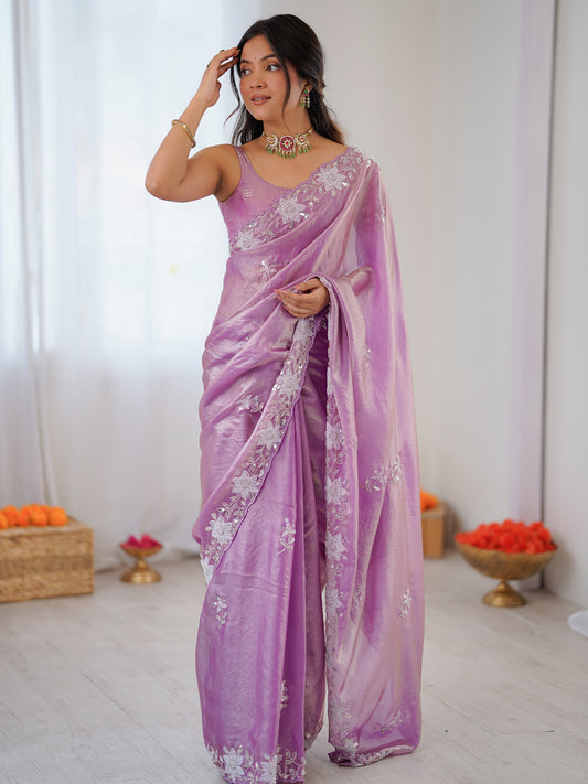 Mauve : Metallic Tissue Silk : Floral Embroidery : Unstitched Blouse