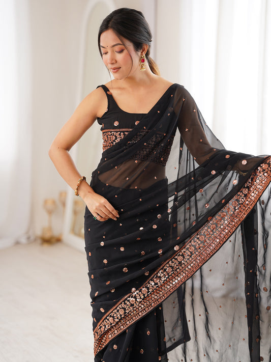 Black Georgette Copper Sequin Embroidery Saree