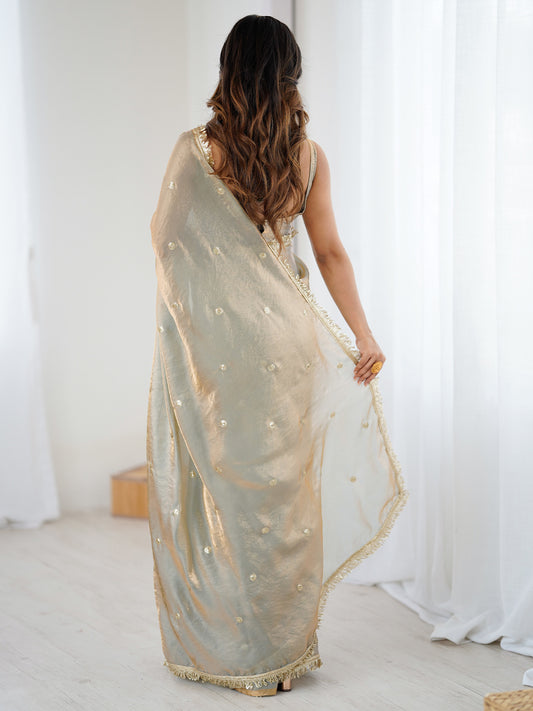 Pastel Sea Green Organza Tissue Zari Butti Saree