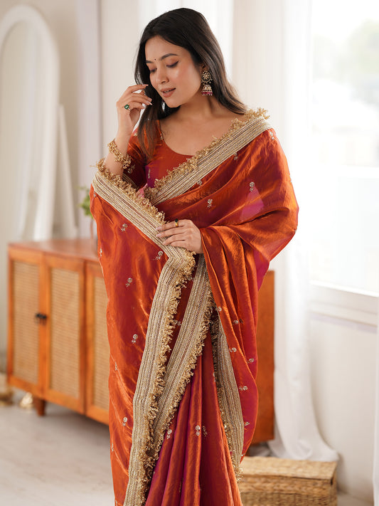 Saree Burnt Rust Orange and Fuchsia Dual-Tone