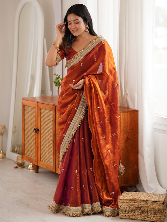 Saree Burnt Rust Orange and Fuchsia Dual-Tone