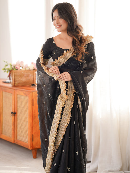 Black Embroidered Organza Saree with Heavy Zari Border