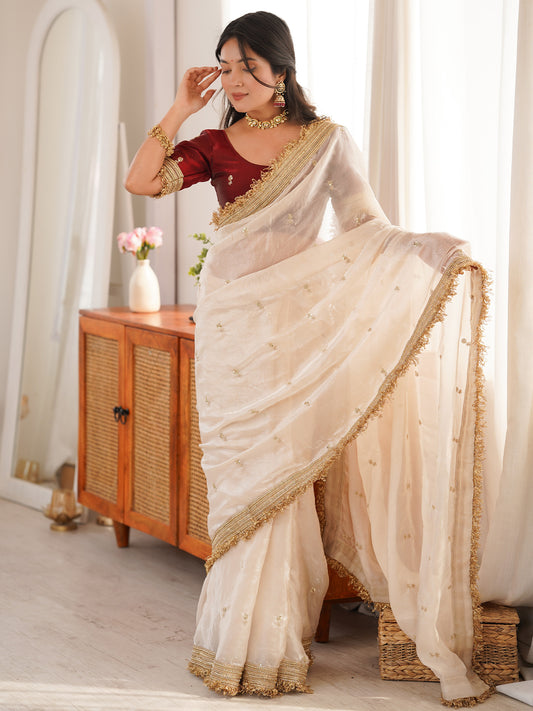 Off-White Tissue Saree with Maroon Blouse