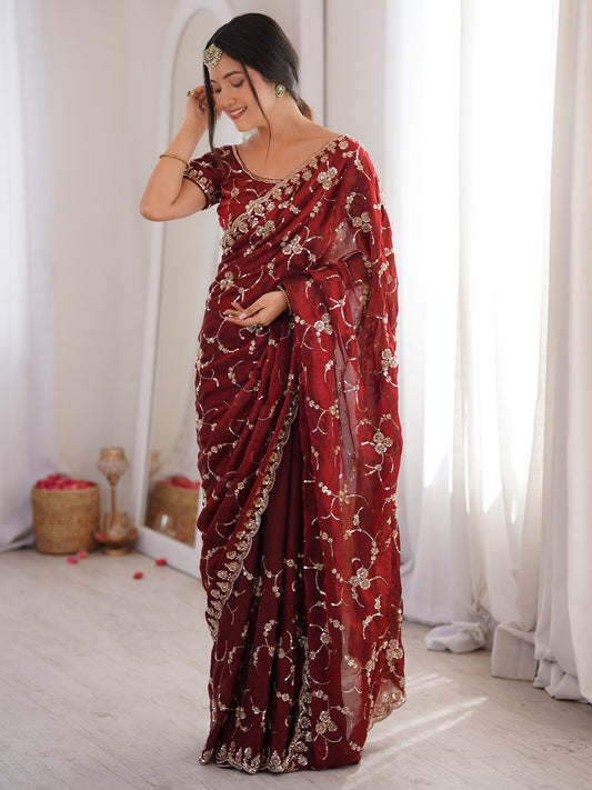 Maroon Embroidered Organza Saree with Cutwork Border