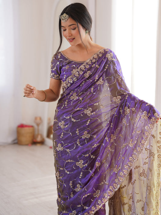 Purple Embroidered Organza Saree with Cutwork Border