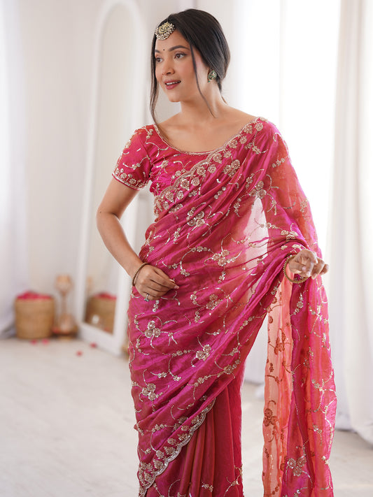 Rani Pink Embroidered Organza Saree with Cutwork Border